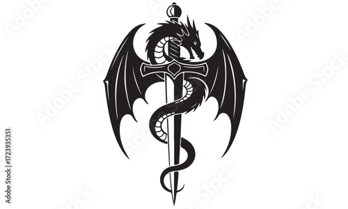 Black Silhouette of a Winged Dragon Coiled Around a Sword
