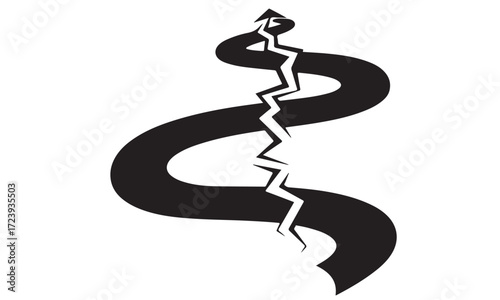 Broken Winding Path with Jagged Split, Concept of Obstacles and Roadblocks