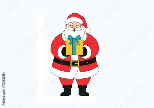 Santa Claus holding a gift box with a blue ribbon for Christmas.