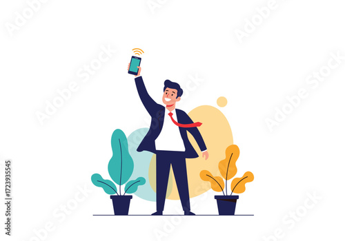 Successful businessman celebrating while holding a mobile phone in the air.
