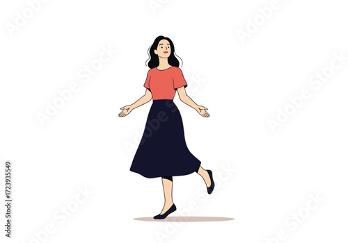 A young woman in a skirt and shirt is dancing and posing.