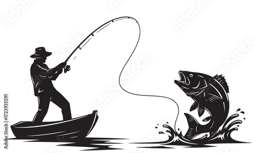 Silhouette of Angler Fishing from Boat with Large Leaping Fish