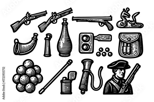 Vintage gunpowder and firearms: classic black and white engraving style collection