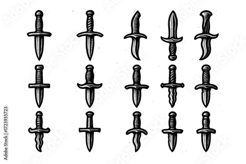 Vintage dagger collection: hand-drawn ink art of fifteen unique blade designs