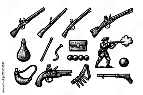 Vintage firearms and accessories collection in engraving style