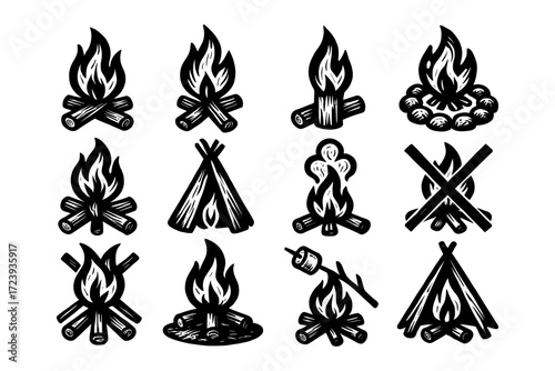 Vintage campfire collection: rustic log and flame designs for outdoor adventures