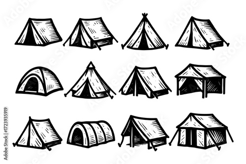 Hand drawn camping tents collection: rustic outdoor shelter designs