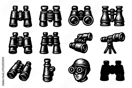 Vintage binocular and telescope set with engraved retro style designs