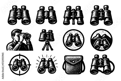 Vintage binoculars icons: retro adventure and exploration designs