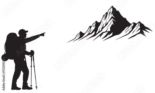 Hiker Pointing Towards Majestic Mountain Silhouette