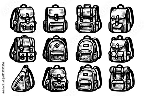 Vintage backpack collection: hand drawn sketches of classic rucksacks and bags