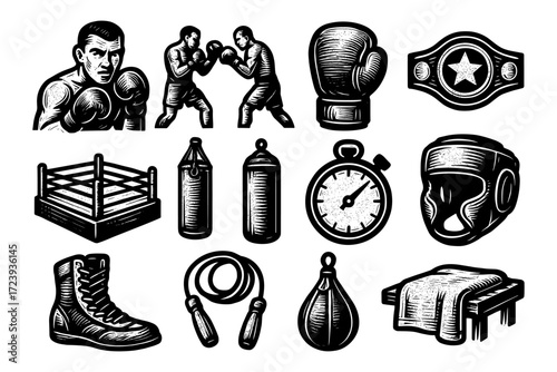 Vintage boxing icons collection featuring fighters, gear, and equipment in woodcut style