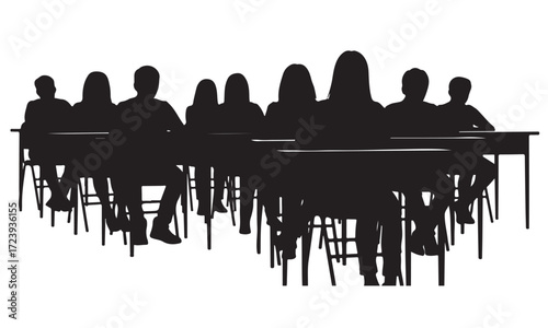 Silhouettes of People Gathered at Tables for a Conference or Educational Event