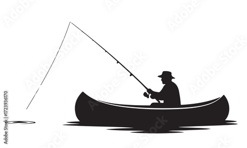 Angler Fishing from Canoe Silhouette with Bent Rod