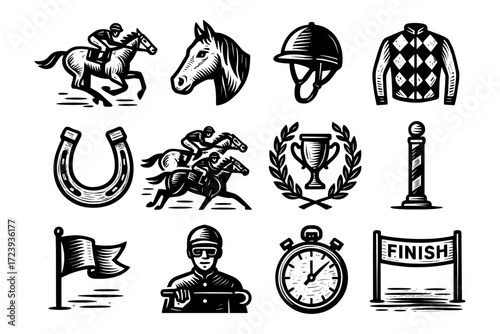 Vintage equestrian elements: horse racing and jockey icons collection