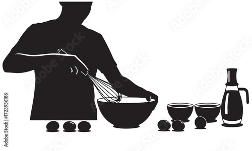 Silhouette of a Chef Mixing Ingredients with Whisk and Kitchen Bowls