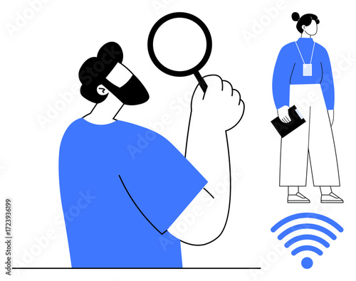Wallpaper Mural Man examines with a magnifying glass, woman holds a clipboard, wireless signal at base. Ideal for research, communication, work, data analysis, exploration technology connection concepts. Simple Torontodigital.ca