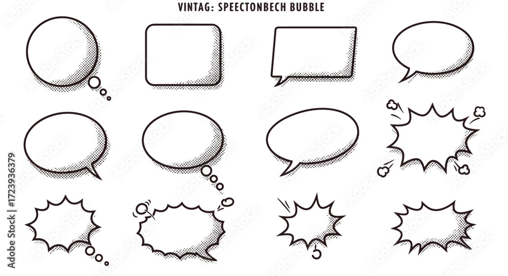 Fototapeta premium Collection of Vintage Speech Bubbles with Halftone Shading and Various Shapes.