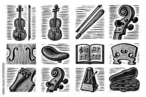 Vintage music sketches: violins, bows, and musical elements in artistic line art style