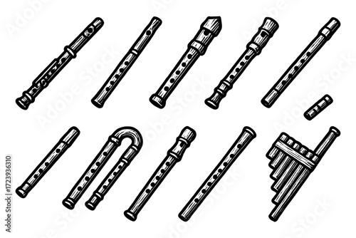 Hand drawn collection of various woodwind instruments