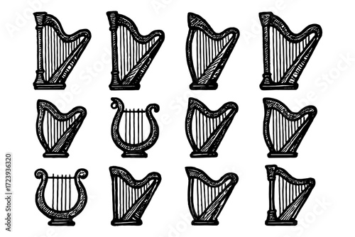 Vintage hand-drawn harp and lyre collection: classic musical instrument sketches