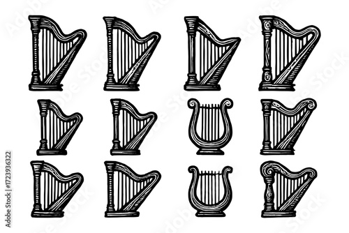 Hand drawn musical harp set featuring vintage and traditional designs