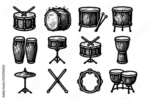 Set of hand drawn percussion instruments in vintage sketch style