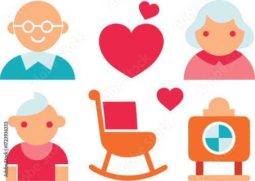 Vector grandparents day icon collection featuring rocking chair and hearts scalable eps illustration vector