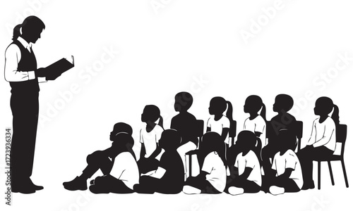 Silhouette of Adult Reading Story to Group of Children