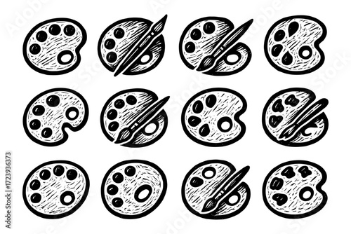 Artistic black and white hand drawn palette and brush collection