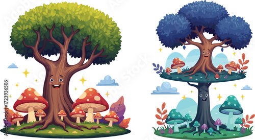 Fantasy cartoon forest trees with colorful mushrooms and smiling faces illustration vector design isolated on white background for magical decoration.