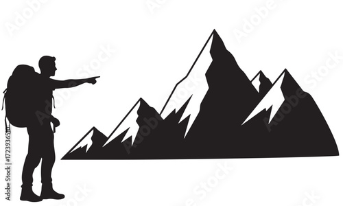 Silhouette of a Hiker Pointing Towards Majestic Mountain Peaks