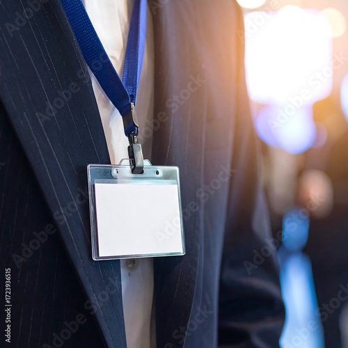 Close-up of a blank name tag on a suit