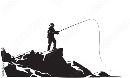 Fisherman Silhouette Casting Line from Rocks