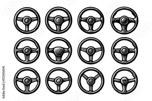 Vintage steering wheel collection: retro car design elements in black and white