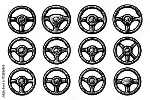 Hand drawn vintage steering wheel collection for automotive design and decor