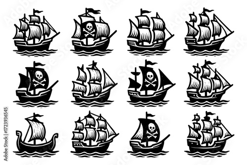 Vintage pirate ship icons set in classic black ink style