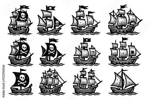 Nautical adventure with vintage pirate ships in detailed woodcut style