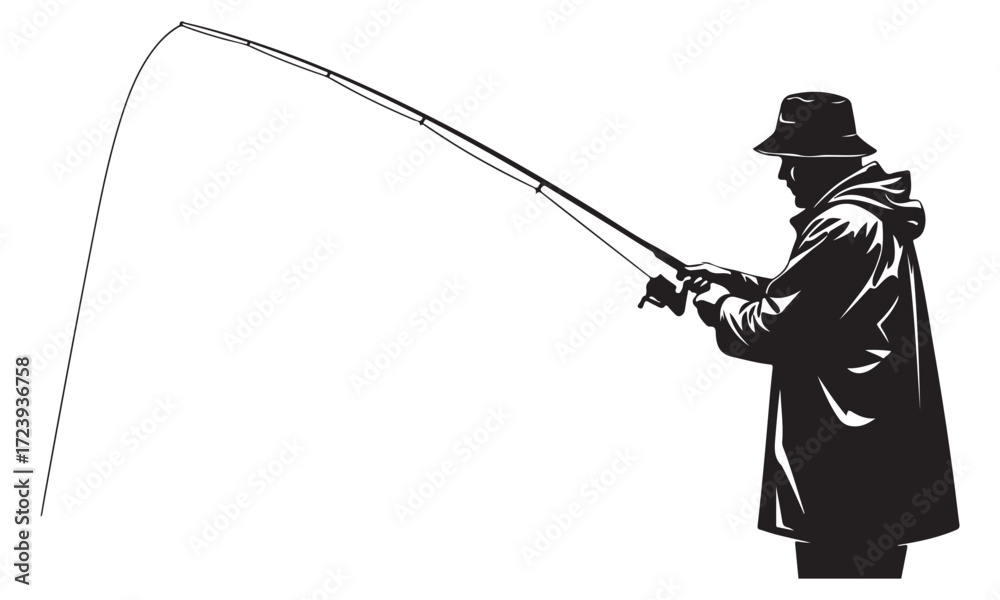 Obraz premium Silhouette of a Person Fishing with a Bent Rod