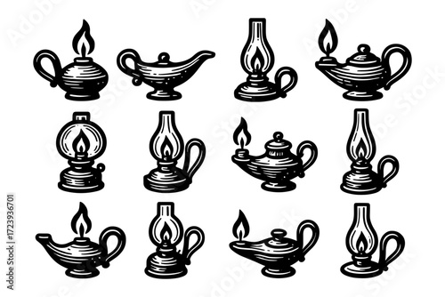 Vintage oil lamps collection in monochrome