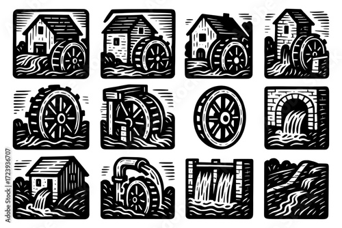 Vintage water mill collection: rustic black and white woodcut designs