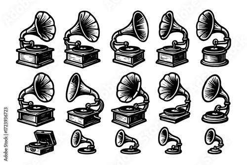 Vintage gramophone collection in retro black and white style