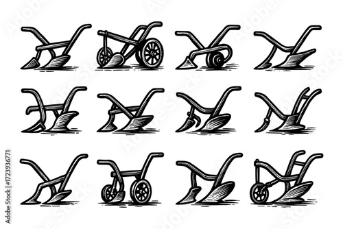 Collection of vintage plow tools in detailed black and white engravings