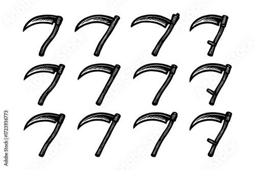 Collection of twelve hand drawn scythe designs on white background
