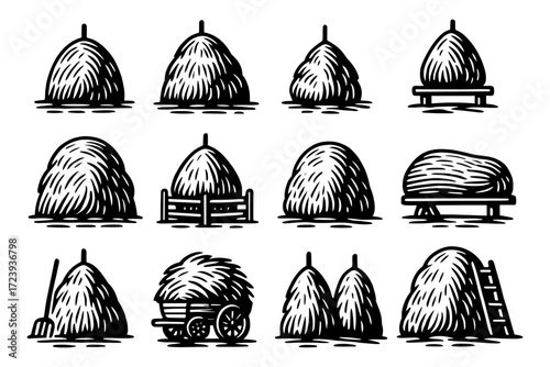 Black and white haystack collection with varied designs and farm tools