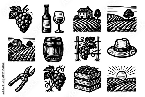 Rustic vineyard elements in vintage woodcut style featuring grapes, wine, and countryside scenery
