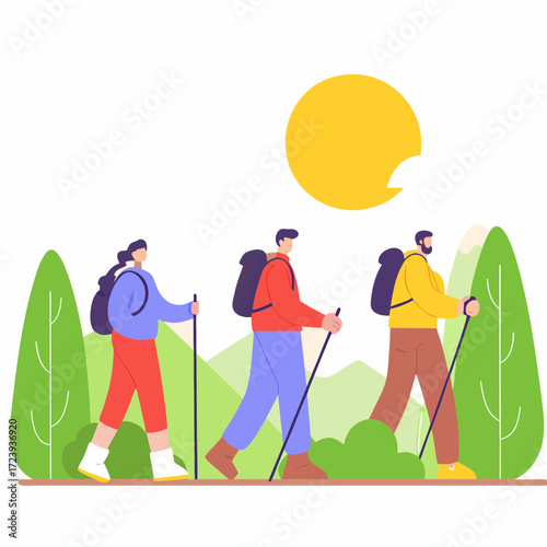 Three hikers with backpacks and trekking poles walk on a path surrounded by stylized trees and a bright sun, representing outdoor adventure and activity