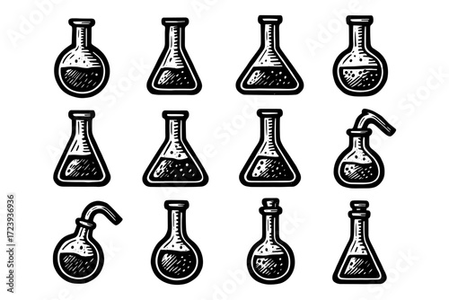 Hand drawn laboratory flasks and beakers collection