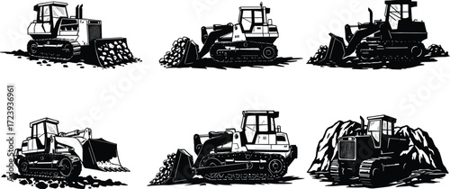 Bulldozer and loader construction machinery detailed silhouette pushing rocks soil heavy industrial earthmoving equipment vector illustration engineering design