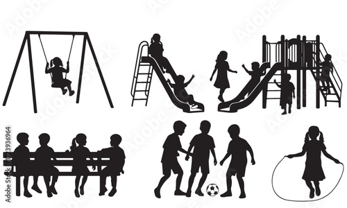 Silhouettes of Children Playing Diverse Games and Activities on a Playground